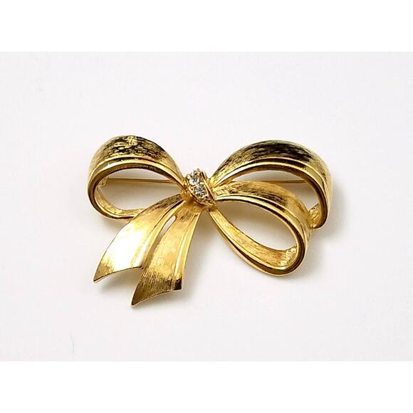 Avon Bow Brooch, Gold Plated, Clear Rhinestones, 1960s Jewelry - Picture 8 of 10